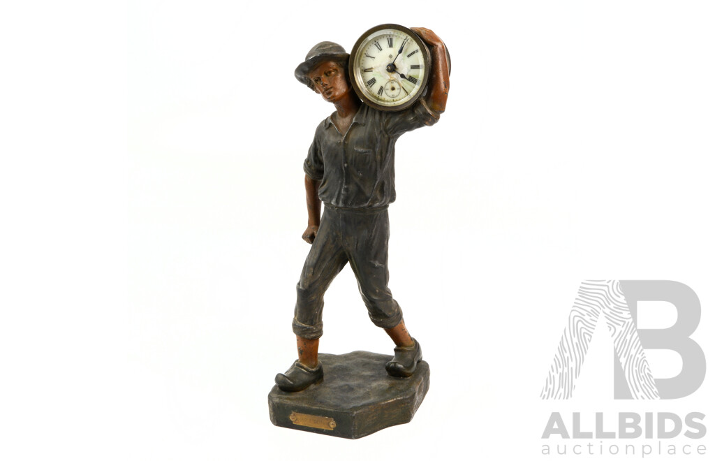 Vintage Cast Metal German Mantle Clock Laborer Man