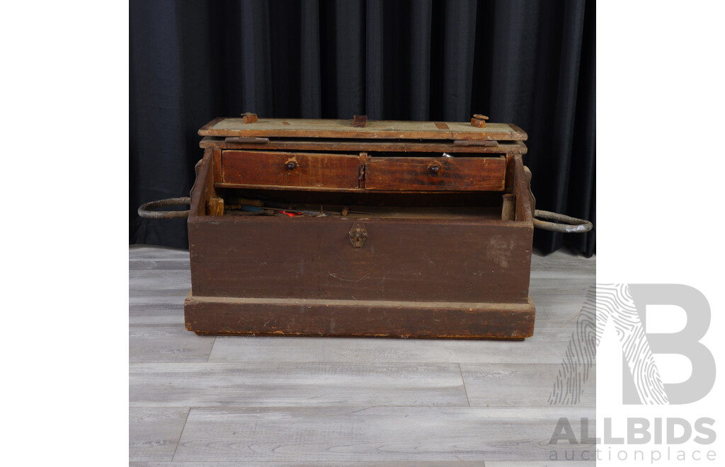 Vintage Timber Lift Top Carpenters Tool Box with Tools