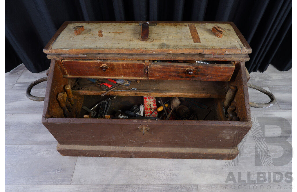 Vintage Timber Lift Top Carpenters Tool Box with Tools