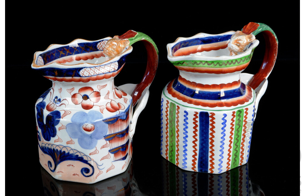 Two Antique Hand Painted Gaudy Welsh Ironstone Jugs with Mask Handles, Circa 1850s