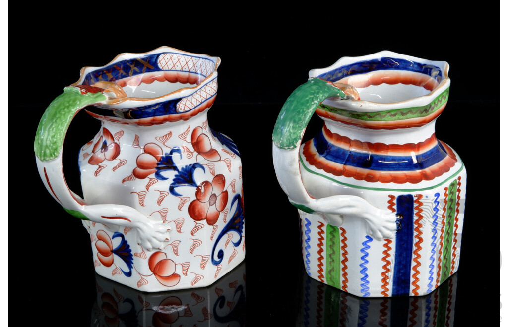 Two Antique Hand Painted Gaudy Welsh Ironstone Jugs with Mask Handles, Circa 1850s