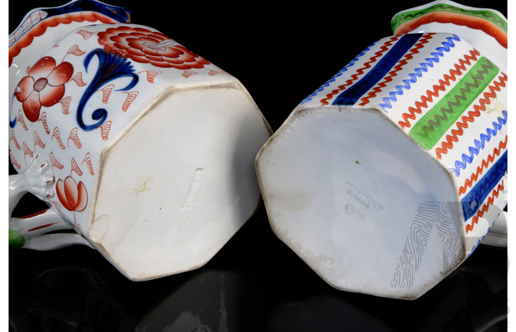 Two Antique Hand Painted Gaudy Welsh Ironstone Jugs with Mask Handles, Circa 1850s