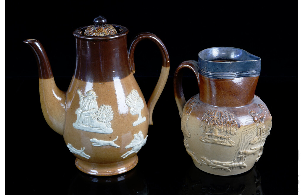 Antique Royal Doulton Lambeth Ware Teapot Along with Similar Jug with Metal Rim