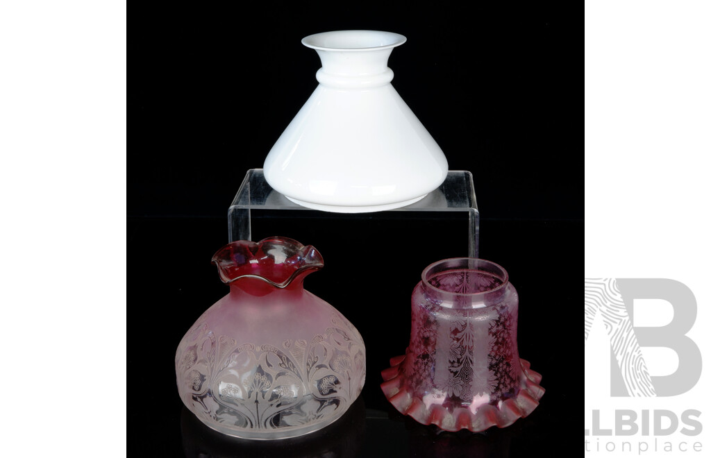 Collection Three Antique Glass Light Shades Including Two Art Nouveau Cranberry Glass Examples