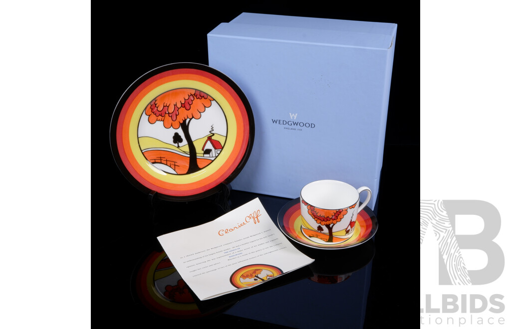 Wedgwood Limited Edition Porcelain Trio, Genius Collection, Wedgwood Women Designers of the 20th Century, Clarice Cliff, After House & Bridge, Fantasque, in Original Wrappers & Box