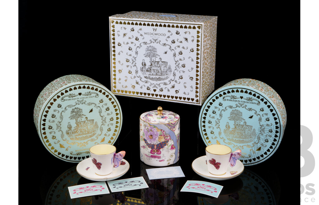 Two Wedgwood Harlequin Collection Duos and Tea Story Collection Tea Caddy, All in Original Boxes