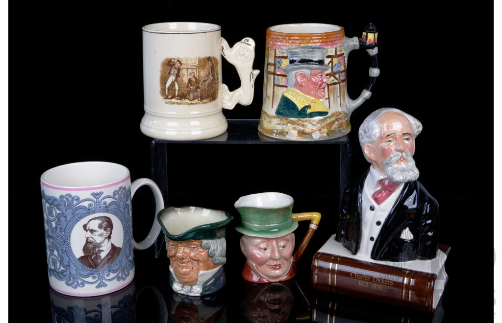 Collection English Porcelain Relating to Charles Dickens Including Mugs, Jugs and More