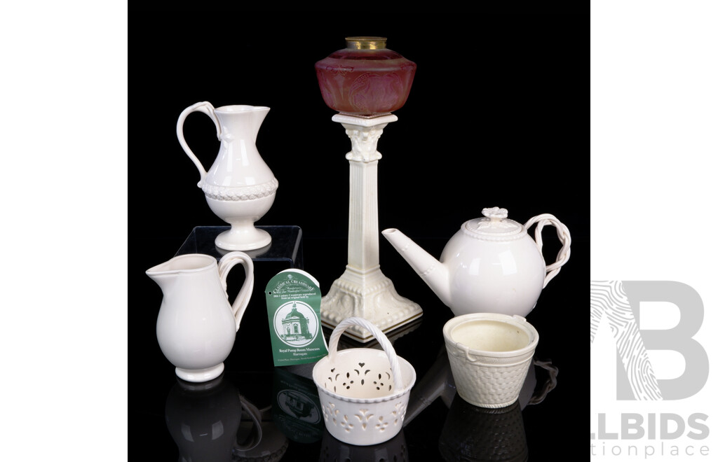 Collection English Leeds Creamware Including Candle Holder of Columnar Form with Cranberry Glass Art Nouveau Shade