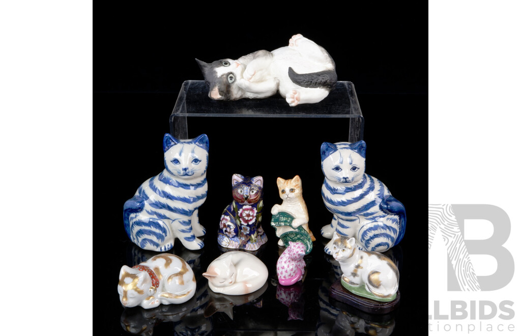 Collection Porcelain and Ceramic Feline Figures Including Royal Worcester Black & White Example,Royal Doulton Cat with Slipper, Pink Herend Example, Nymphenburg Example, Cloisonne Example and More