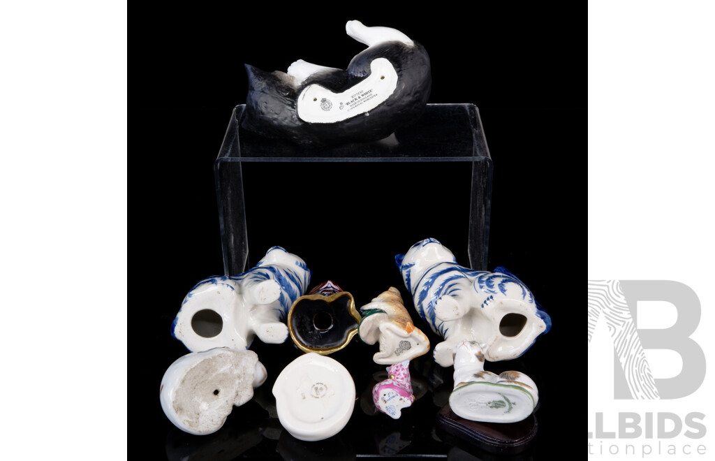 Collection Porcelain and Ceramic Feline Figures Including Royal Worcester Black & White Example,Royal Doulton Cat with Slipper, Pink Herend Example, Nymphenburg Example, Cloisonne Example and More