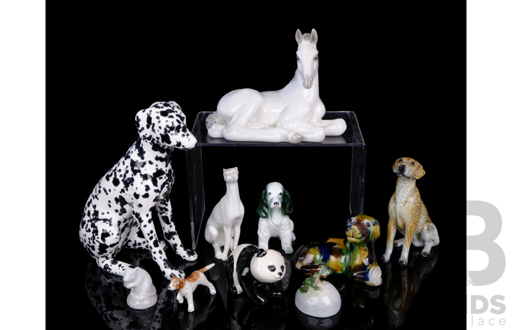 Collection Porcelain and Ceramic Animal Figures Including Beswick Panda, Lladro Mouse, Royal Copenhagen Frog, Antique Sancai Glazed Chinese Dog and More