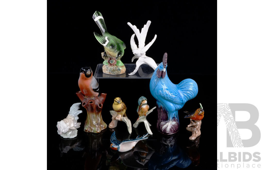 Collection Porcelain and Ceramic Bird Figures Including Three German Goebel's Glazed Examples with One Unglazed Example and More