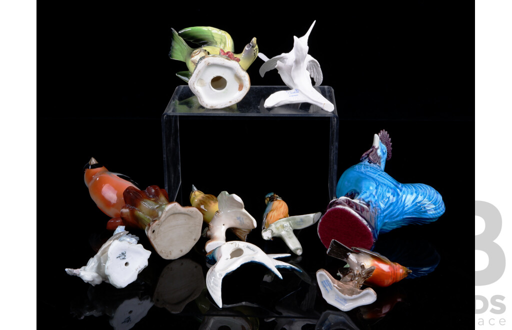 Collection Porcelain and Ceramic Bird Figures Including Three German Goebel's Glazed Examples with One Unglazed Example and More