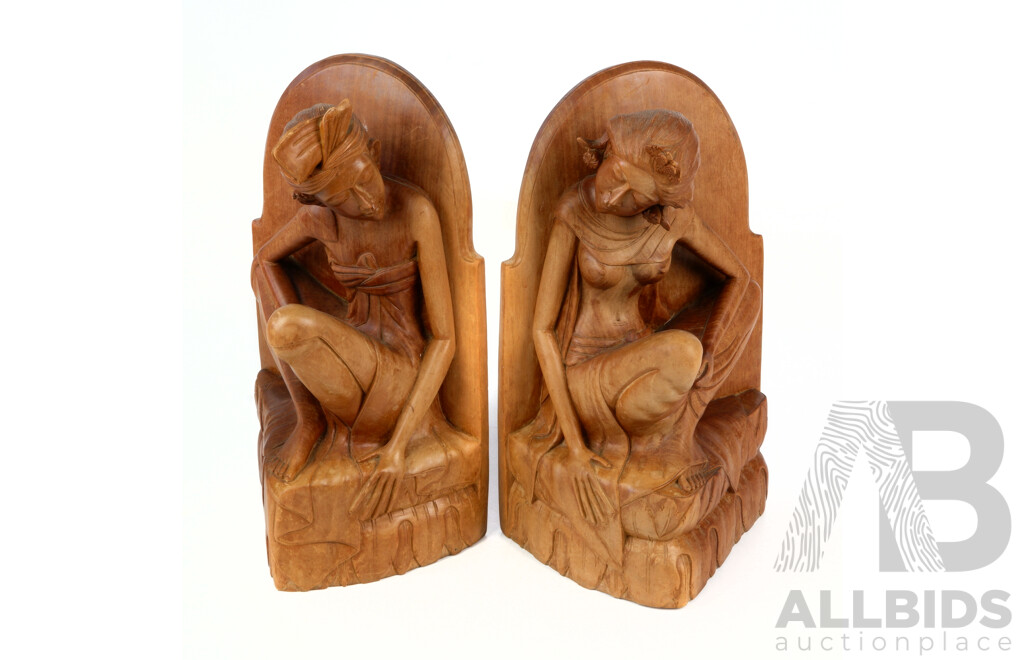 Hand Carved Balinese Figural Wooden Bookends