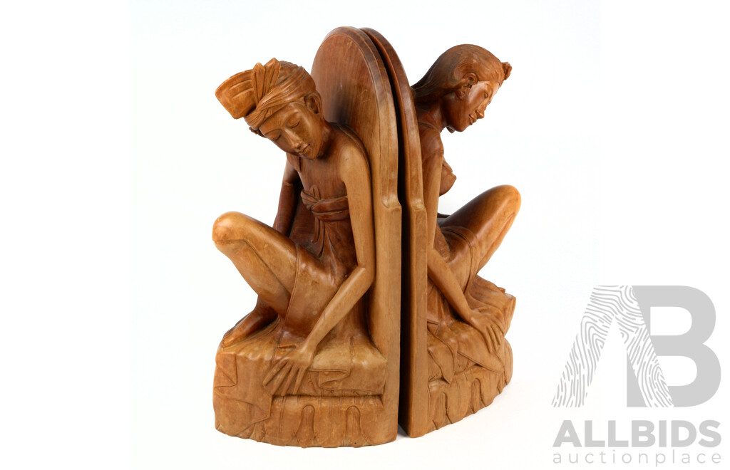 Hand Carved Balinese Figural Wooden Bookends