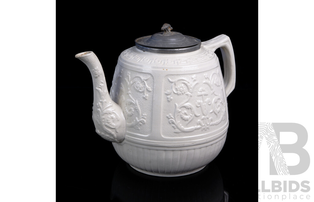 Antique English Cream Salt Glazed Teapot with Pewter Lid, Circa 18th Century