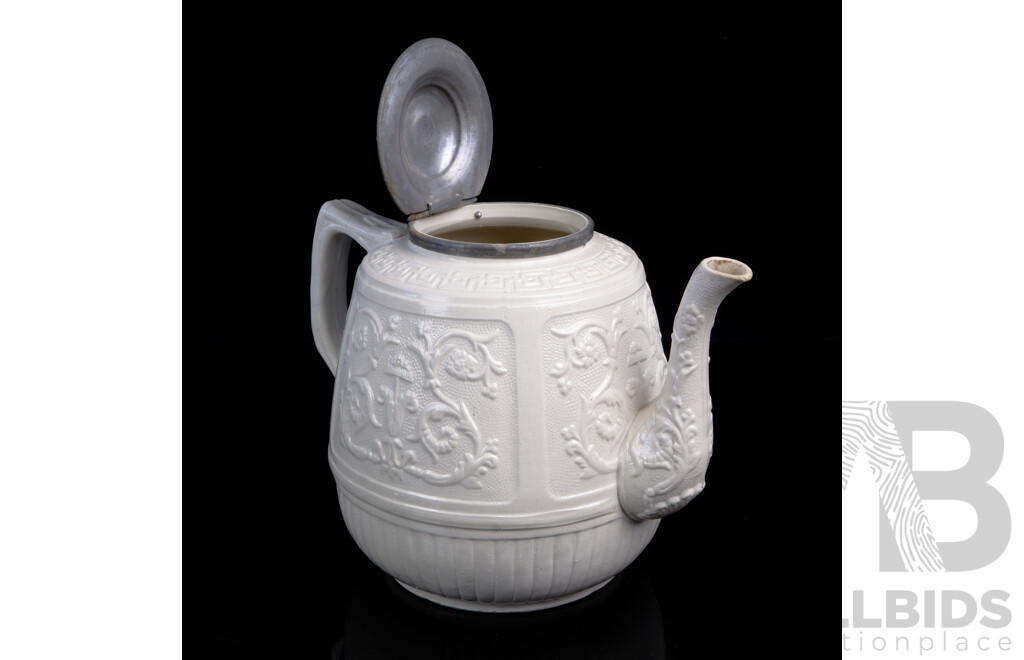 Antique English Cream Salt Glazed Teapot with Pewter Lid, Circa 18th Century