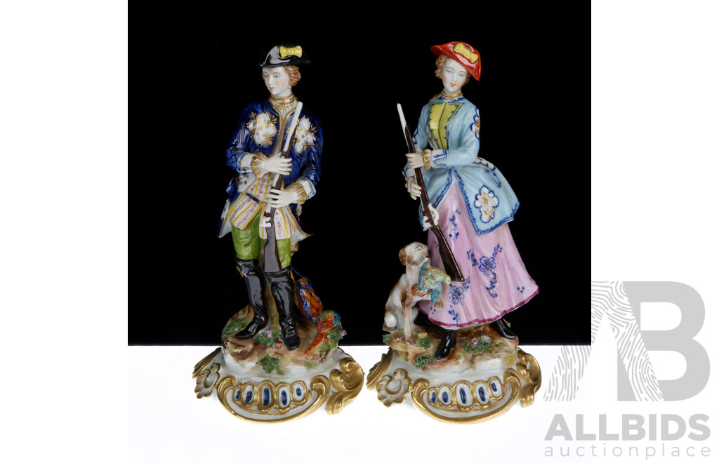 Pair Antique Italian Capodimonte Porcelain Huntsman and Huntress Figures