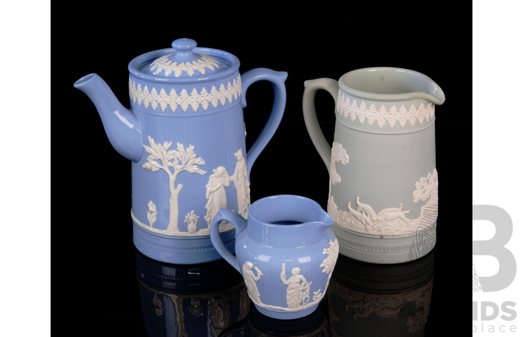 Three Antique English Dudson Porcelain Jasperware Pieces in the Style of Wedgwood