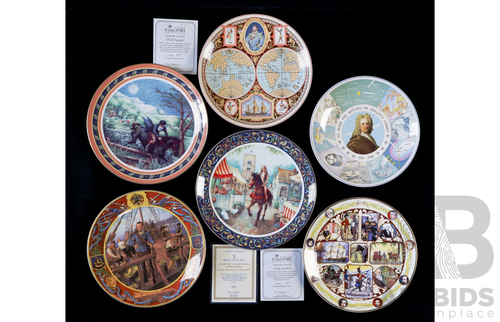 Collection Six Commemorative Display Porcelain Plates, Some Limited Edition with Certificates of Authenticity, Comprising Royal Doulton, Coalport & Wedgwood Examples