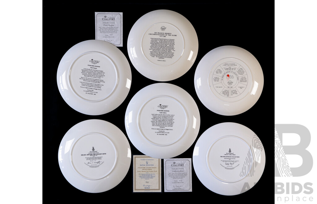 Collection Six Commemorative Display Porcelain Plates, Some Limited Edition with Certificates of Authenticity, Comprising Royal Doulton, Coalport & Wedgwood Examples