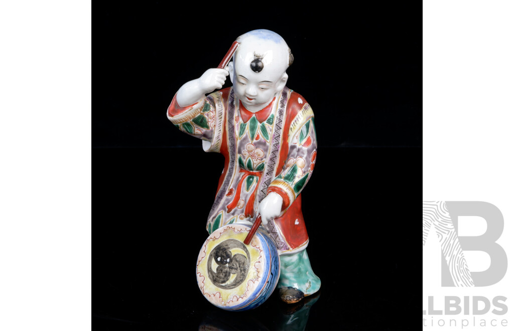 Antique Japanese Kutani Ware Porcelain Hand Painted Drummer Boy Figure