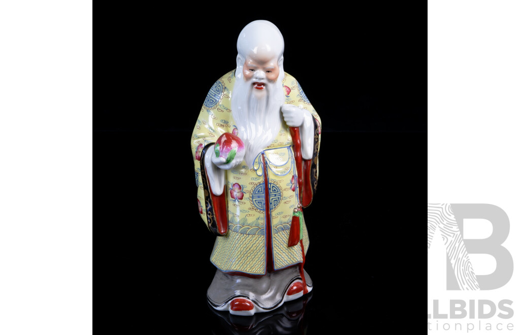 Vintage Chinese Porcelain Hand Painted Shou Lao Statue with Peach of Immortality