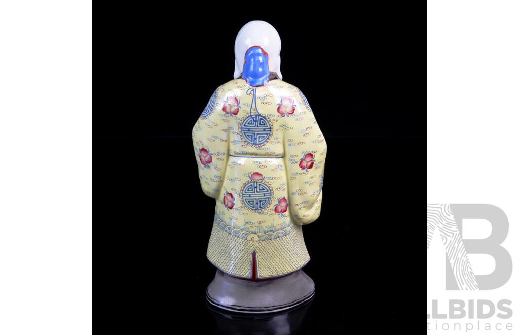 Vintage Chinese Porcelain Hand Painted Shou Lao Statue with Peach of Immortality