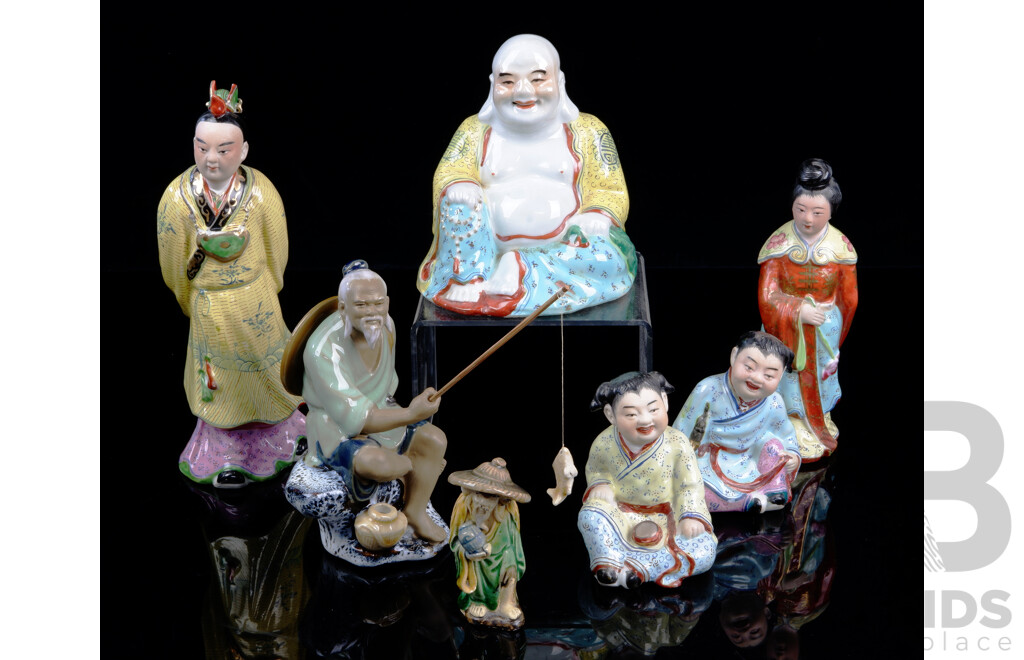 Interesting Collection Vintage Chinese Porcelain & Other Hand Painted Figures Including Laughing Buddha, Children, Mudman Fisherman and More