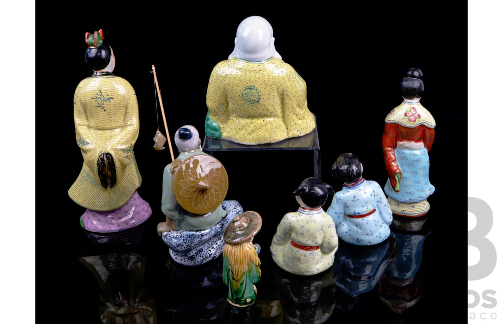 Interesting Collection Vintage Chinese Porcelain & Other Hand Painted Figures Including Laughing Buddha, Children, Mudman Fisherman and More