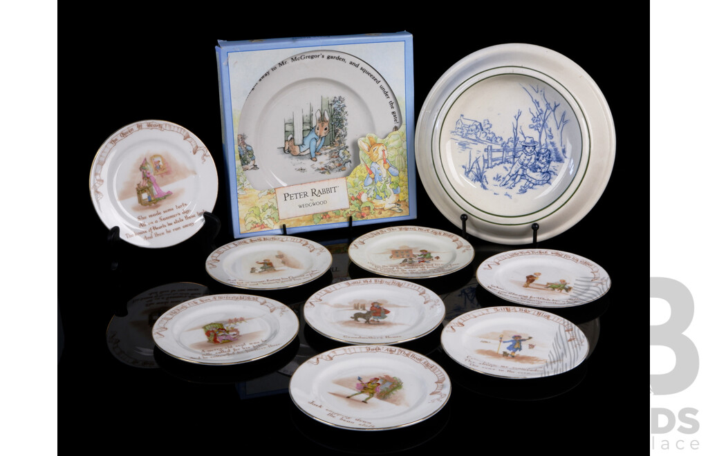 Collection Childrens Quality Porcelain Pieces Comprising Wedgwood Peter Rabbit Plate in Original Box, Royal Doulton Stable Bowl & Set Eight Royal Doulton Nursery Rhymes Side Plates