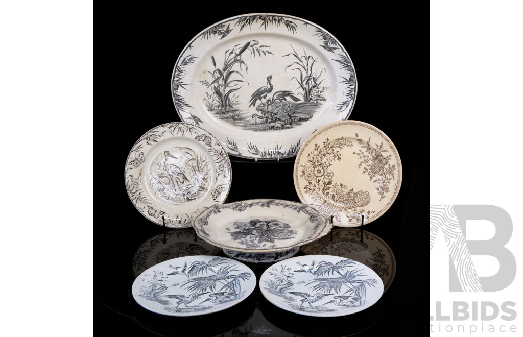 Collection Six Antique English Porcelain Pieces with Stork or Water Bird Decorative Theme