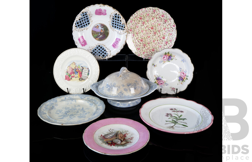 Collection Eight Antique and Other Porcelain Including Old Foley, James Kent, Royal Winton, Matching Blue & White Taza with Lidded Tureen in Chelsea Bird Pattern and More