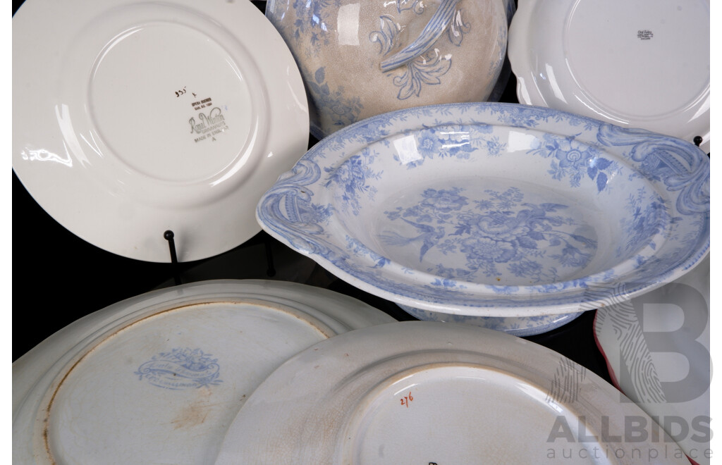 Collection Eight Antique and Other Porcelain Including Old Foley, James Kent, Royal Winton, Matching Blue & White Taza with Lidded Tureen in Chelsea Bird Pattern and More