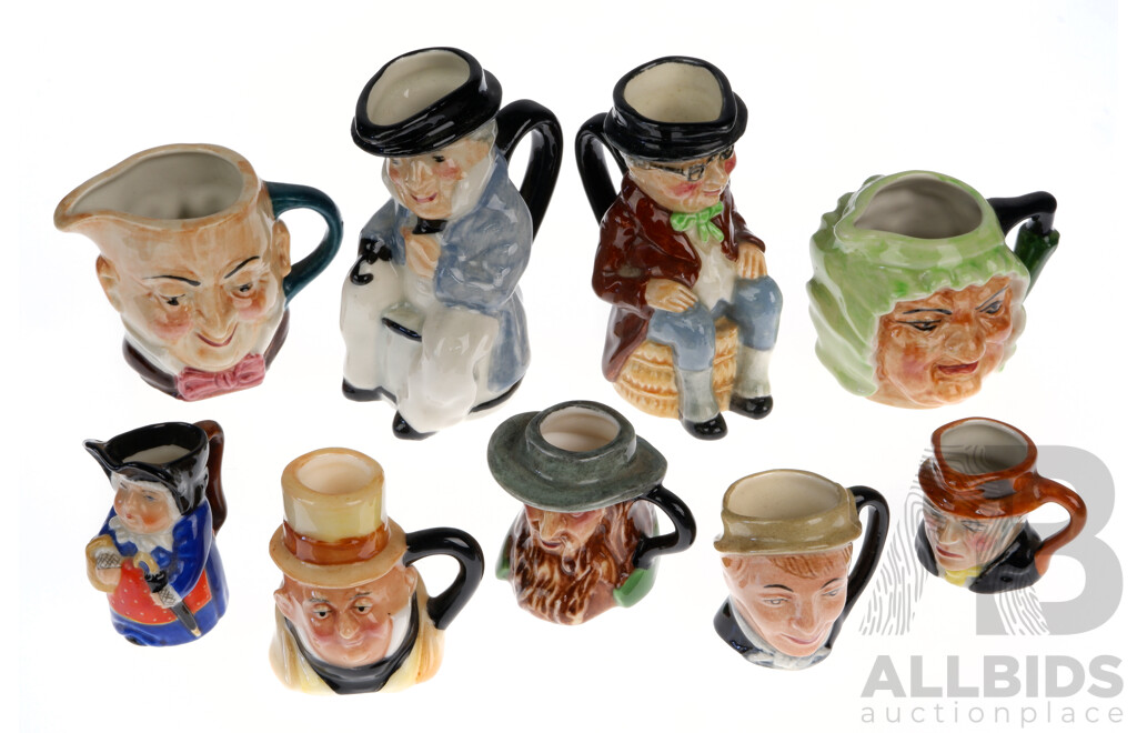 Collection Nine Miniature Toby & Character Jugs with Charles Dickens Theme Including Royal Doulton, Artone and More