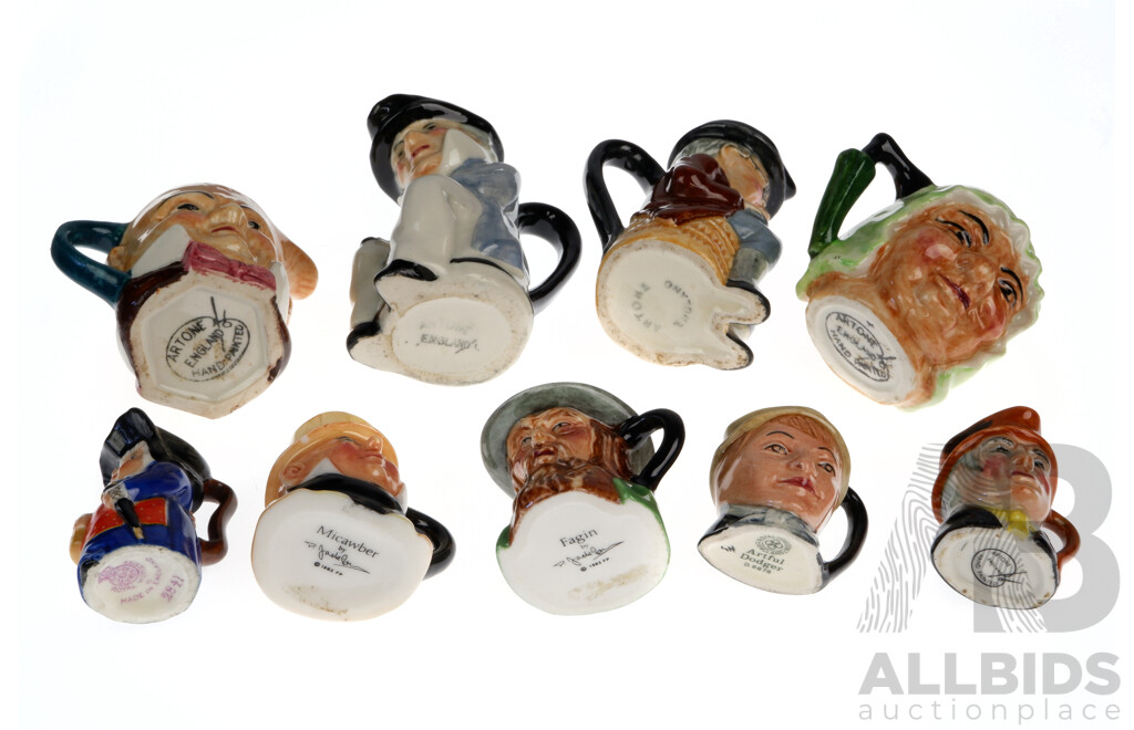 Collection Nine Miniature Toby & Character Jugs with Charles Dickens Theme Including Royal Doulton, Artone and More