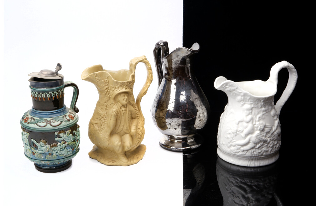 Collection Four Antique and Vintage Jugs Including Two with Moulded Relief Scenes, Old English Luster Example and More