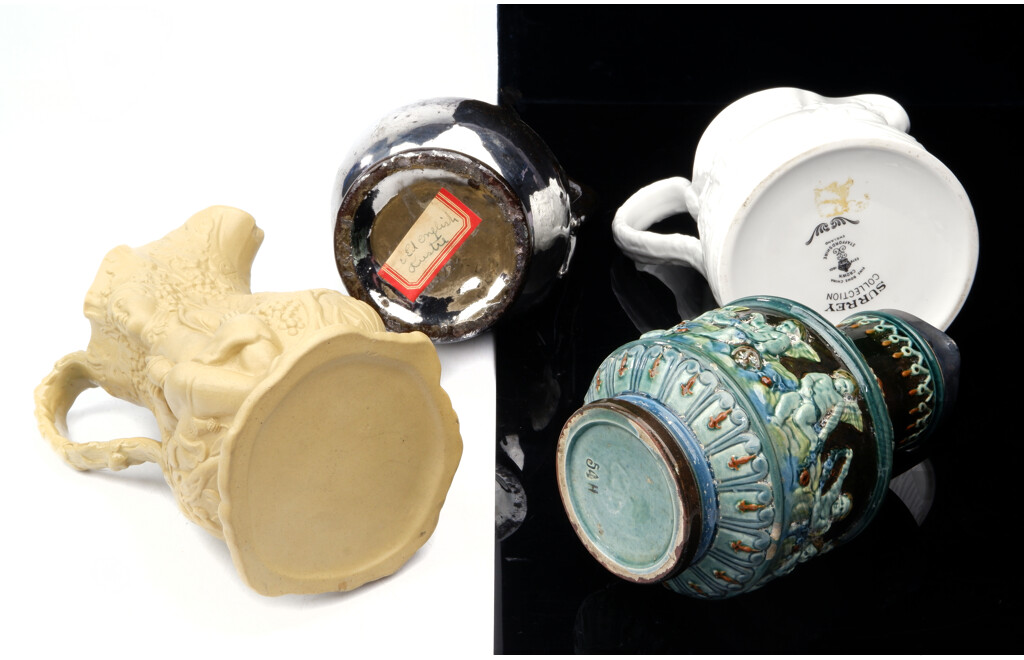 Collection Four Antique and Vintage Jugs Including Two with Moulded Relief Scenes, Old English Luster Example and More