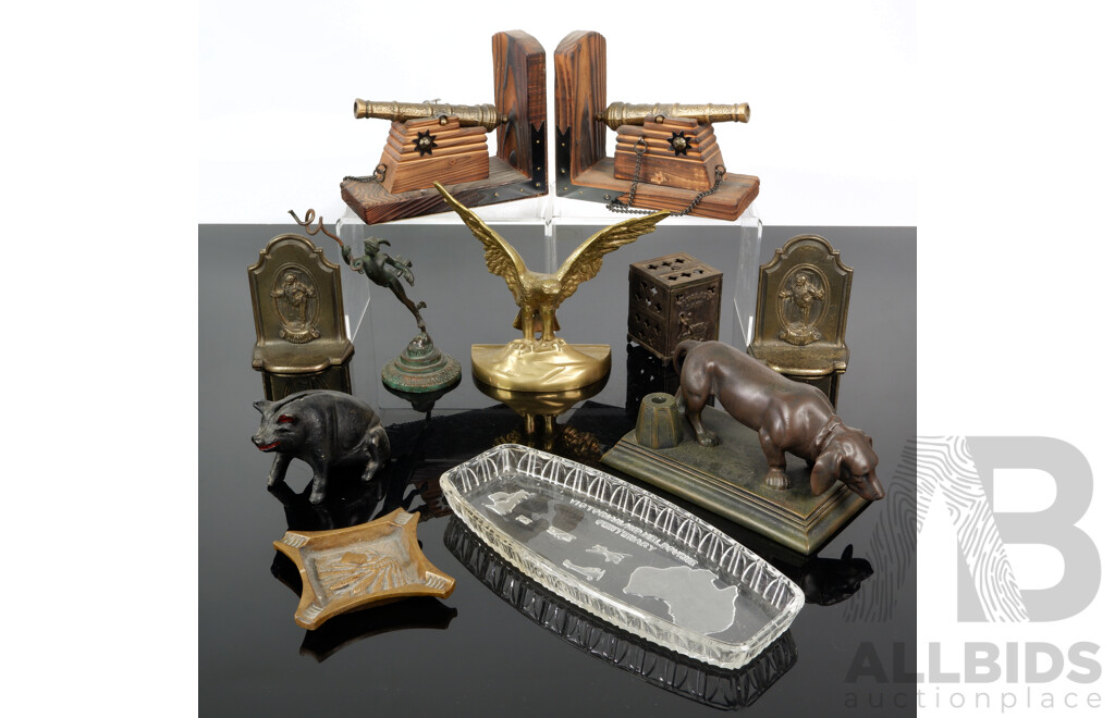 Gentlemans Lot Including Brass Eagle, Cannon Bookends, Mr Pickwick Bookends and More