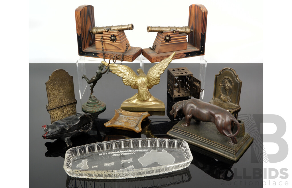 Gentlemans Lot Including Brass Eagle, Cannon Bookends, Mr Pickwick Bookends and More