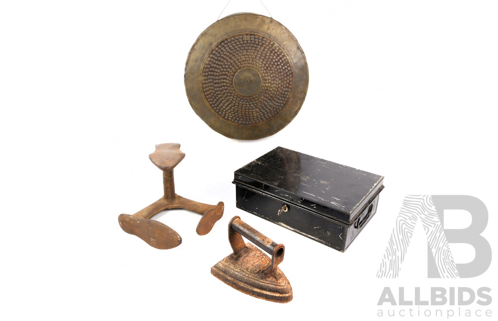 Collection Antique and Vintage Items Comprising Bronze Dinner Gong, Shoe Anvil, Tin Strong Box & Antique Iron