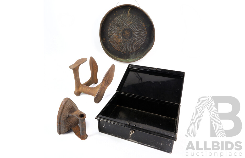 Collection Antique and Vintage Items Comprising Bronze Dinner Gong, Shoe Anvil, Tin Strong Box & Antique Iron