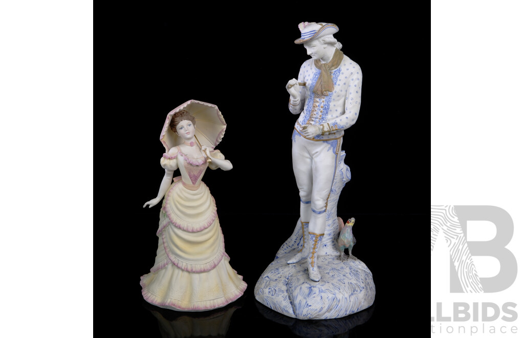 Continental Ceramic Hand Painted Figure of Dandy with Pheasant Along with Coalport Porcelain Lady with Parasol Figure Modelled and Hand Decorated by David Lytton