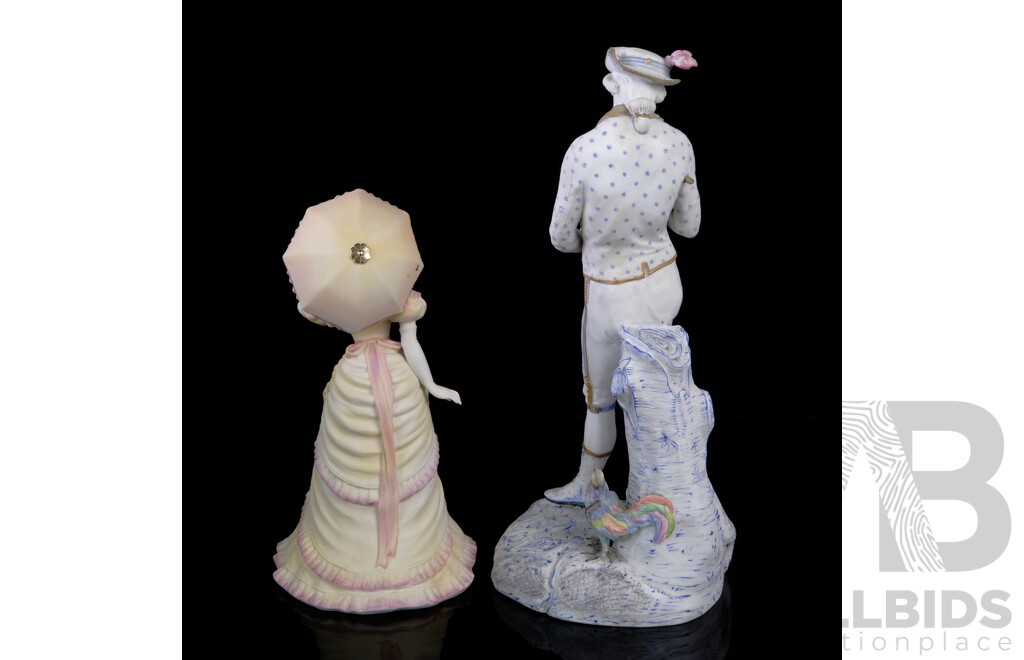 Continental Ceramic Hand Painted Figure of Dandy with Pheasant Along with Coalport Porcelain Lady with Parasol Figure Modelled and Hand Decorated by David Lytton