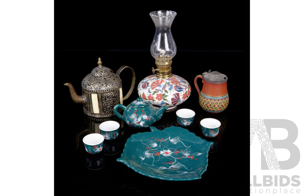 Collection Souvenir Ware Pieces Including Hand Decorated Turkish Iznik Oil Lamp, Metal Teapot with Bone Sections and More