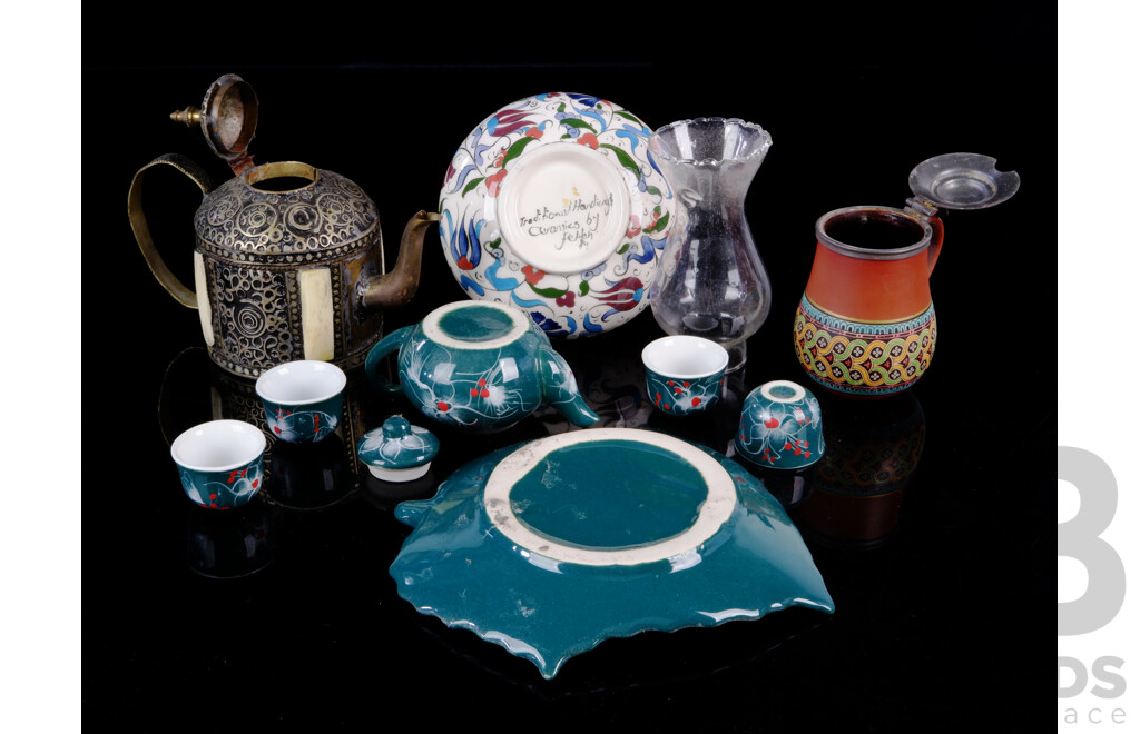 Collection Souvenir Ware Pieces Including Hand Decorated Turkish Iznik Oil Lamp, Metal Teapot with Bone Sections and More