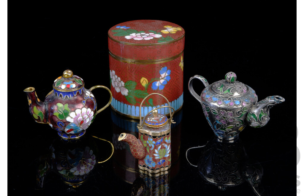 Collection Asian Cloisonne Pieces Comprising Lidded Jar & Three Miniature Teapots