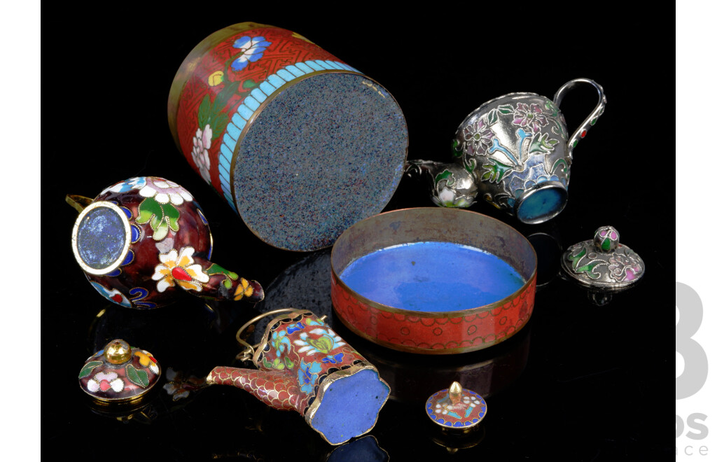 Collection Asian Cloisonne Pieces Comprising Lidded Jar & Three Miniature Teapots