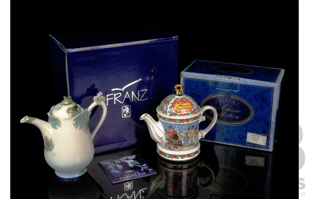 Franz Porcelain Lidded Teapot Along with Saddler Regency Christmas Teapot, Both in Original Boxes