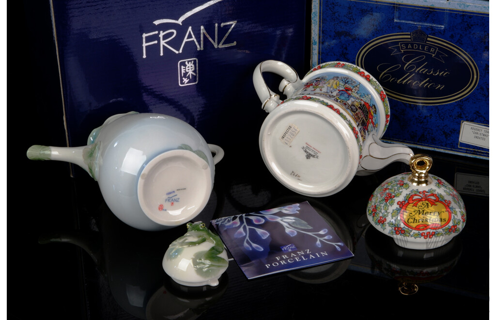 Franz Porcelain Lidded Teapot Along with Saddler Regency Christmas Teapot, Both in Original Boxes